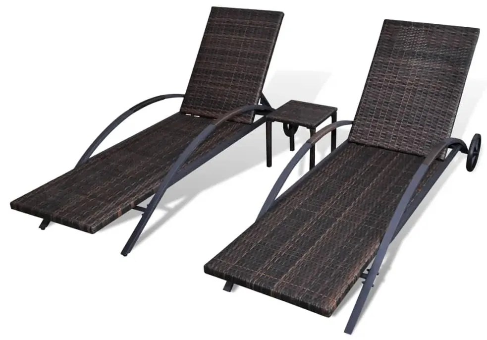 Espreguiçadeiras com mesa 2 pcs vime PE castanho