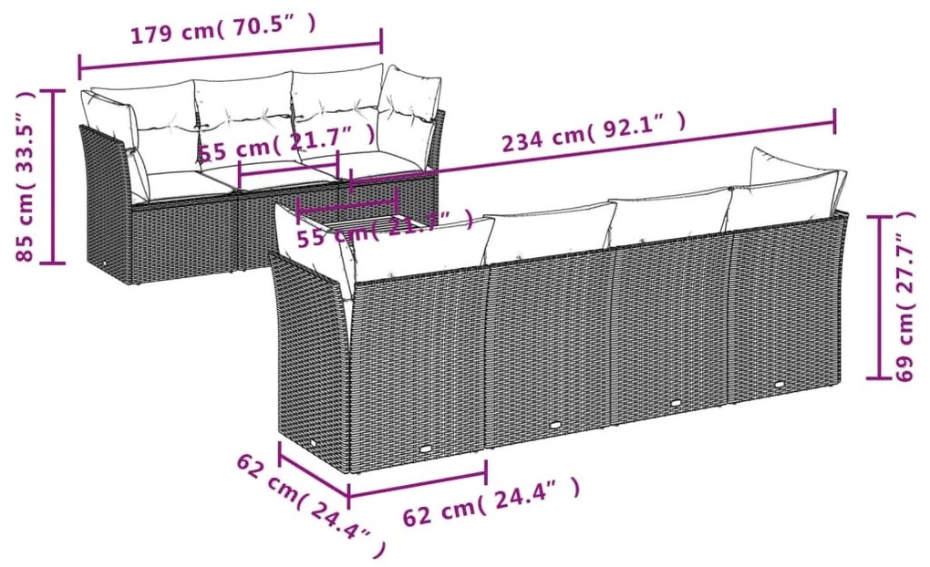 8 pcs conjunto de sofás p/ jardim com almofadões vime PE bege