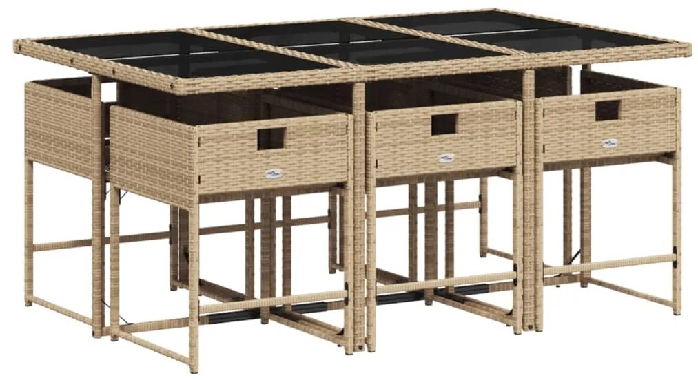 7 pcs conjunto de jantar p/ jardim com almofadões vime PE bege