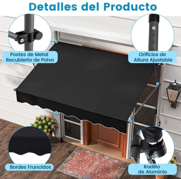 Toldo retrátil manual 2 m x 3 m Toldo exterior com altura ajustável Manivela e sem perfuração para janela Porta Terraço Preto