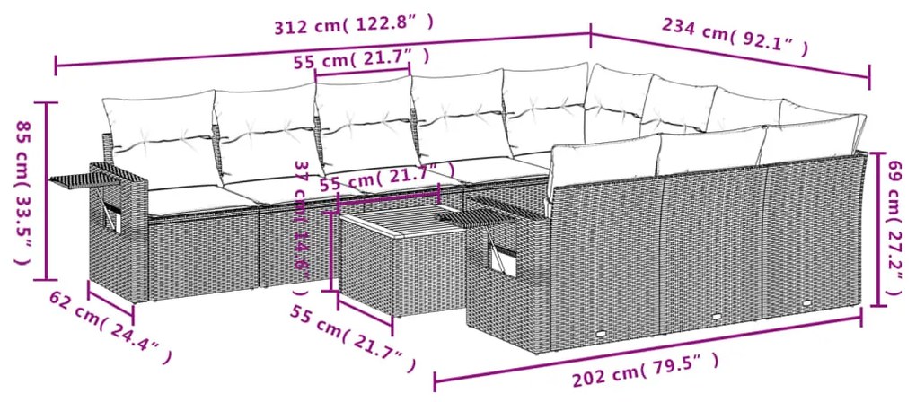 11 pcs conjunto sofás de jardim c/ almofadões vime PE bege