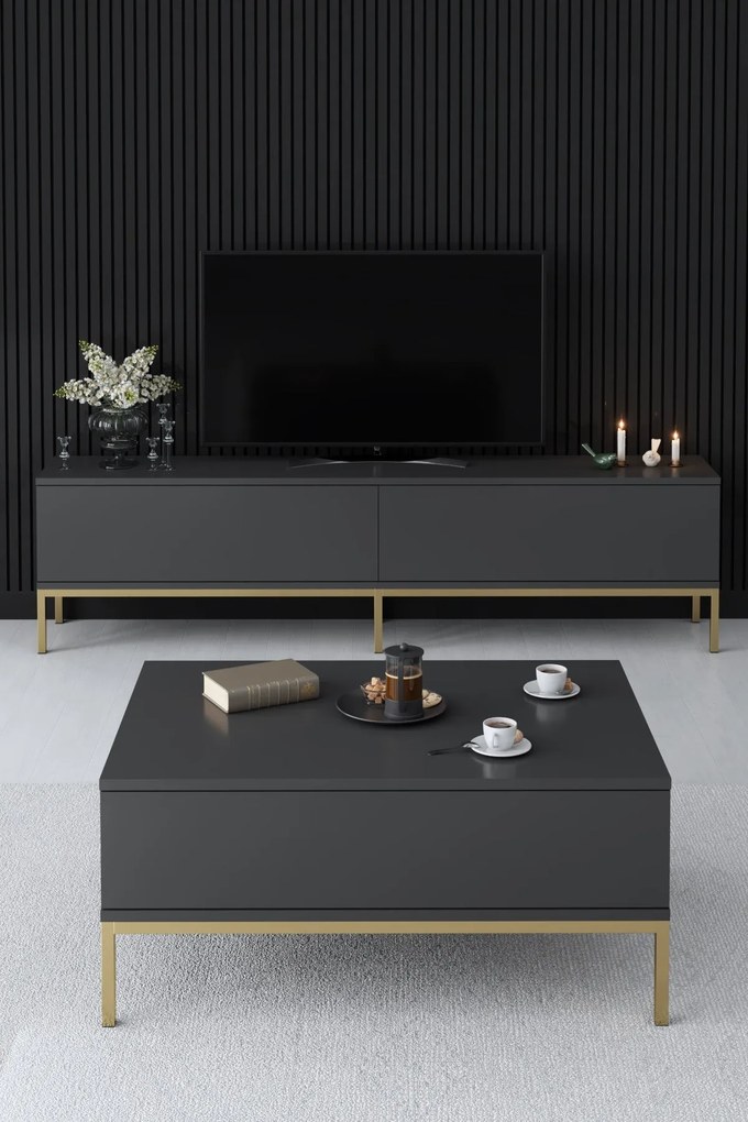 Conjunto de Mobiliário de Sala Lord – Antracite e Dourado – Tv Stand: