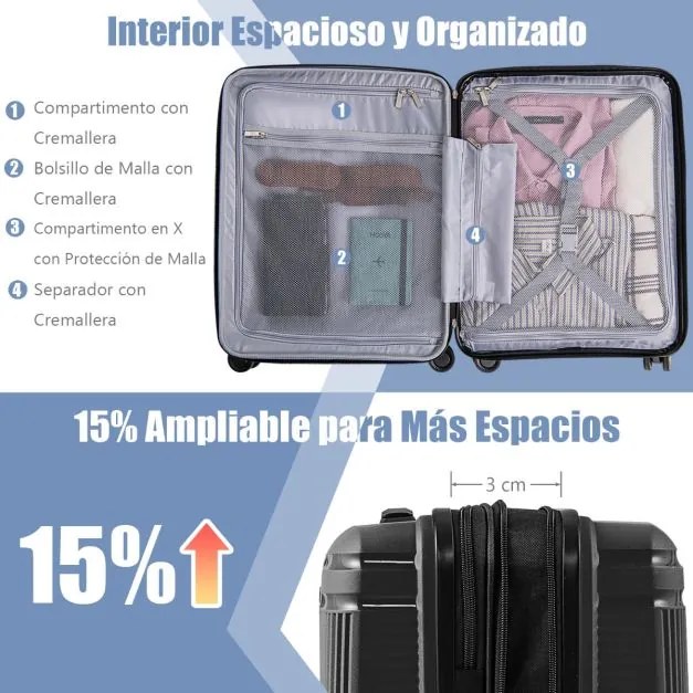 Conjunto 2 Malas de Viagem: mala de mão de 20“ e estojo cosmético de 14” com porta USB. Estrutura em PP com fechadura Preta