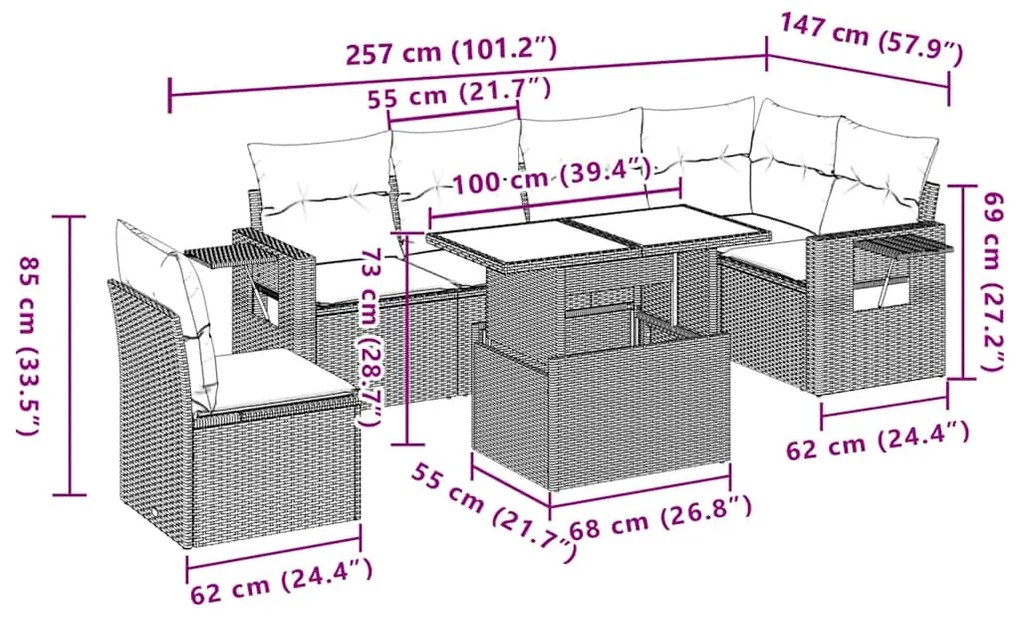7 pcs conj. sofás jardim com almofadões vime PE cinzento-claro