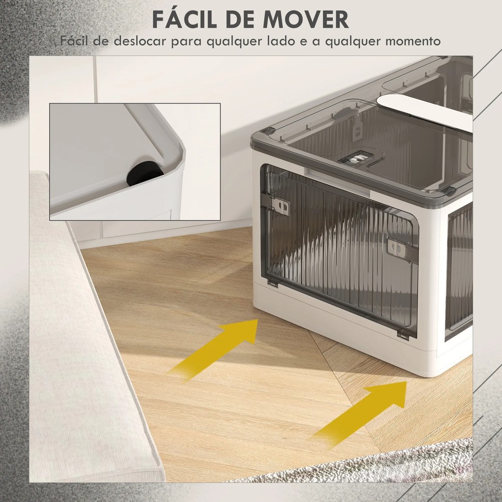 Caixa de Armazenamento Empilhável com Tampa 69L Caixa Organizadora Dobrável com Rodas 60x42x34 cm Branco