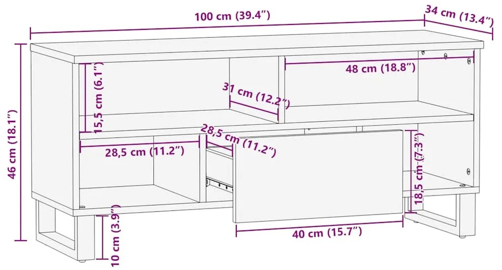 Móvel de TV 100x34x46 cm madeira de mangueira maciça castanho