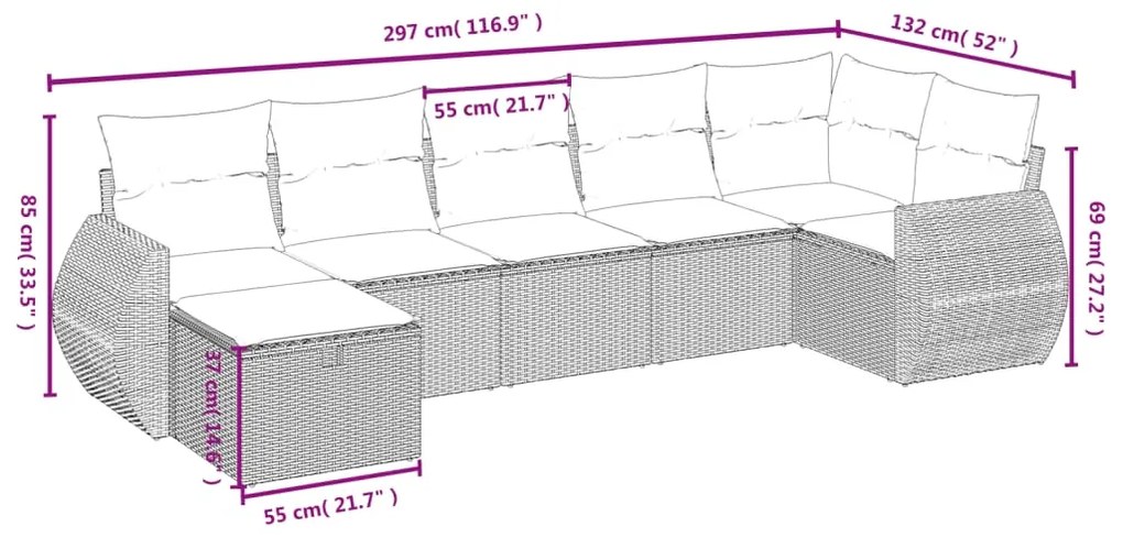 7 pcs conjunto de sofás p/ jardim c/ almofadões vime PE preto