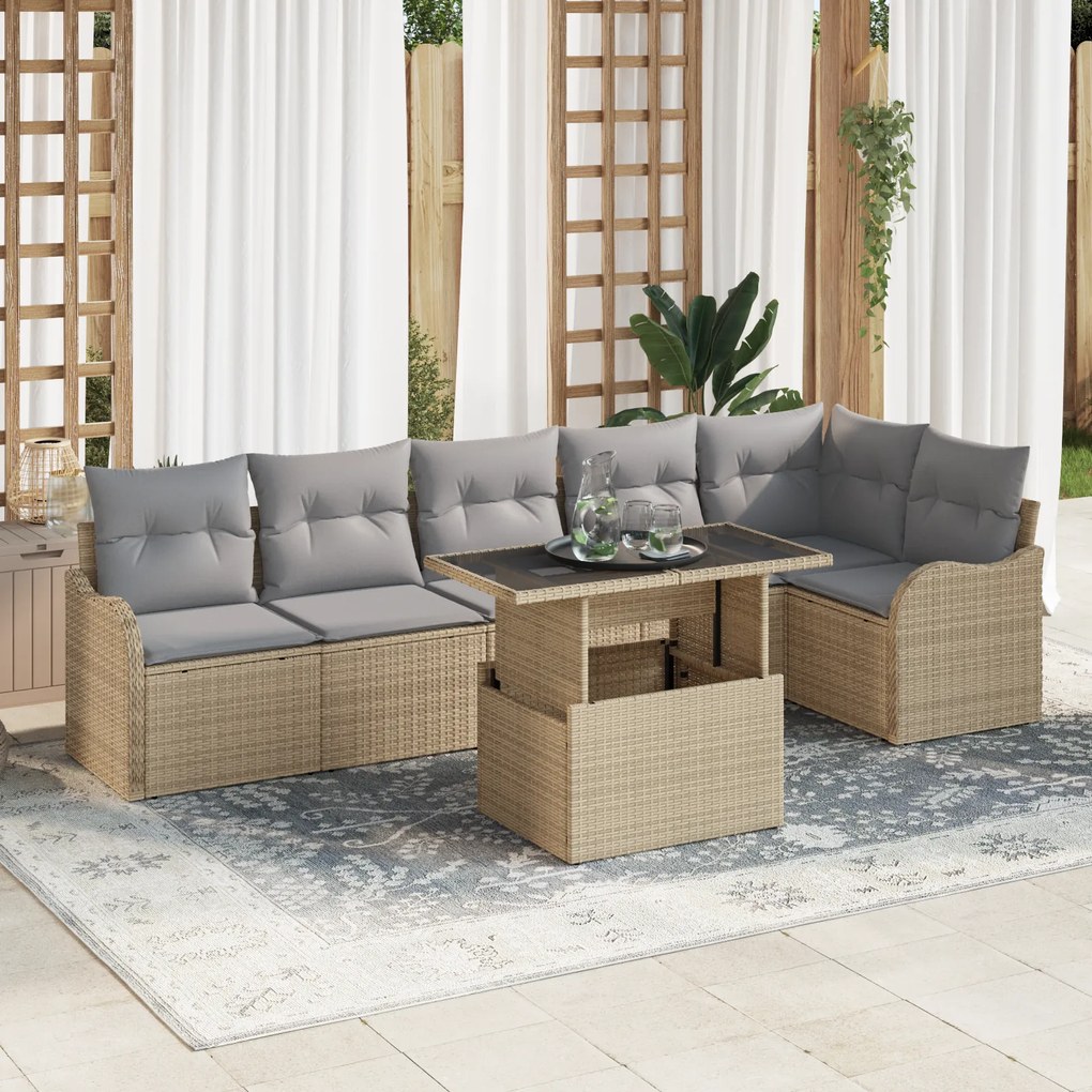 Conjunto de Sofá de Jardim vidaXL com Almofadas Bege Rattan Poly 7 Peç