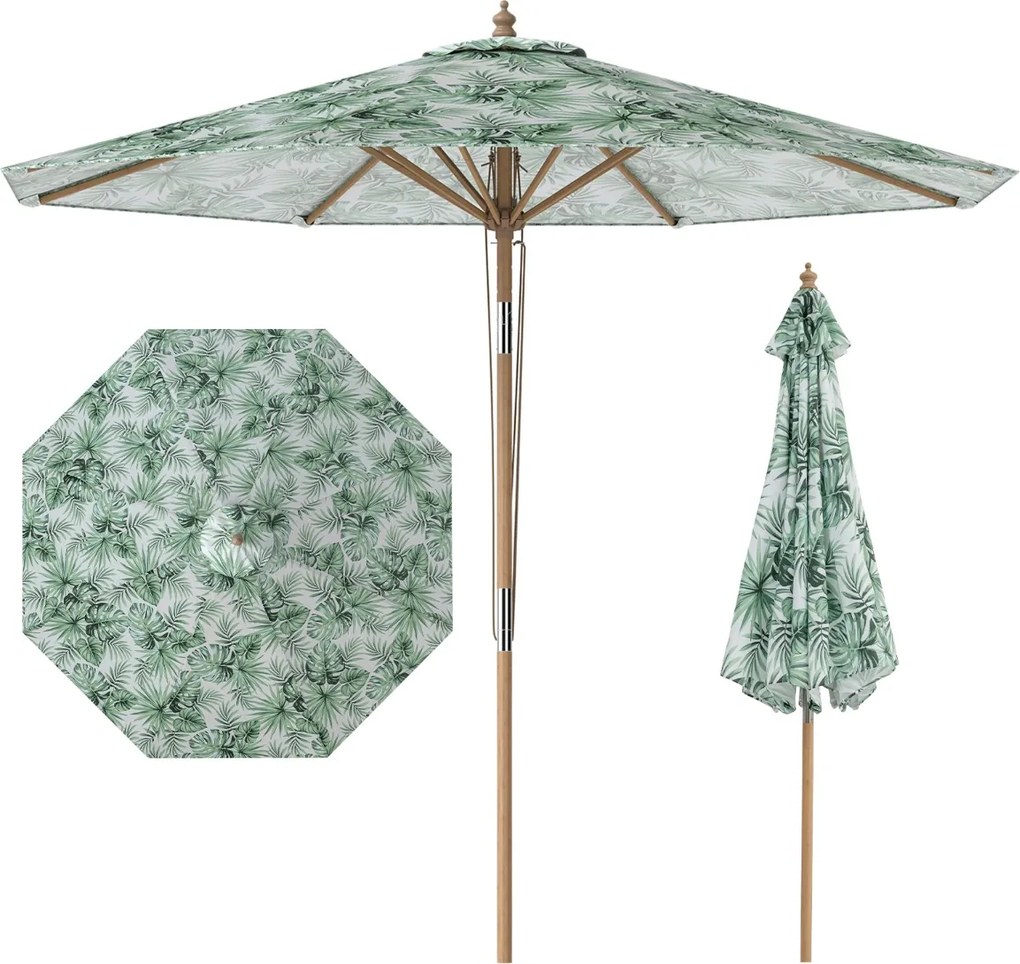 Guarda-sol de jardim de 270 cm (BASE NÃO INCLUIDA), inclinável, com mastro de 8 varas em madeira de faia, teto ventilado e roldanas, para exterior, pá