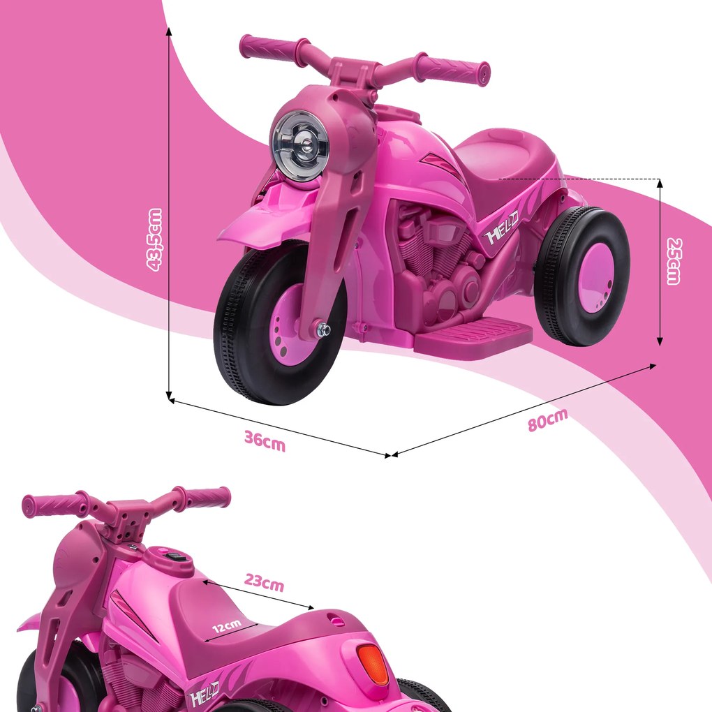 Motocicleta elétrica para crianças dos 2 aos 5 anos, 3 rodas, 6 V, 3 km/h, com função de bolhas, efeitos luminosos e sonoros, cor-de-rosa