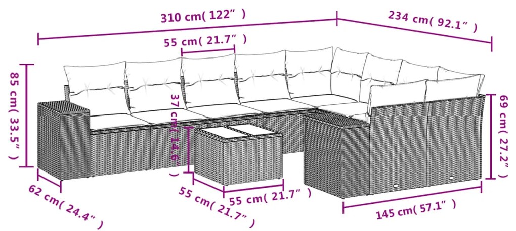 10 pcs conj. sofás jardim com almofadões vime PE cinzento-claro