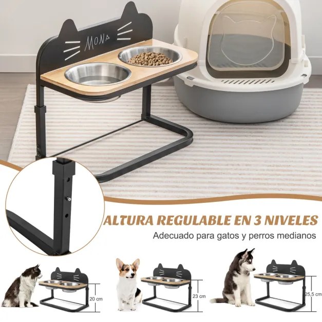 Comedouro de gato elevado Suporte elevado com 2 tigelas de aço inoxidável para comida e água Estrutura de metal com 3 alturas ajustáveis