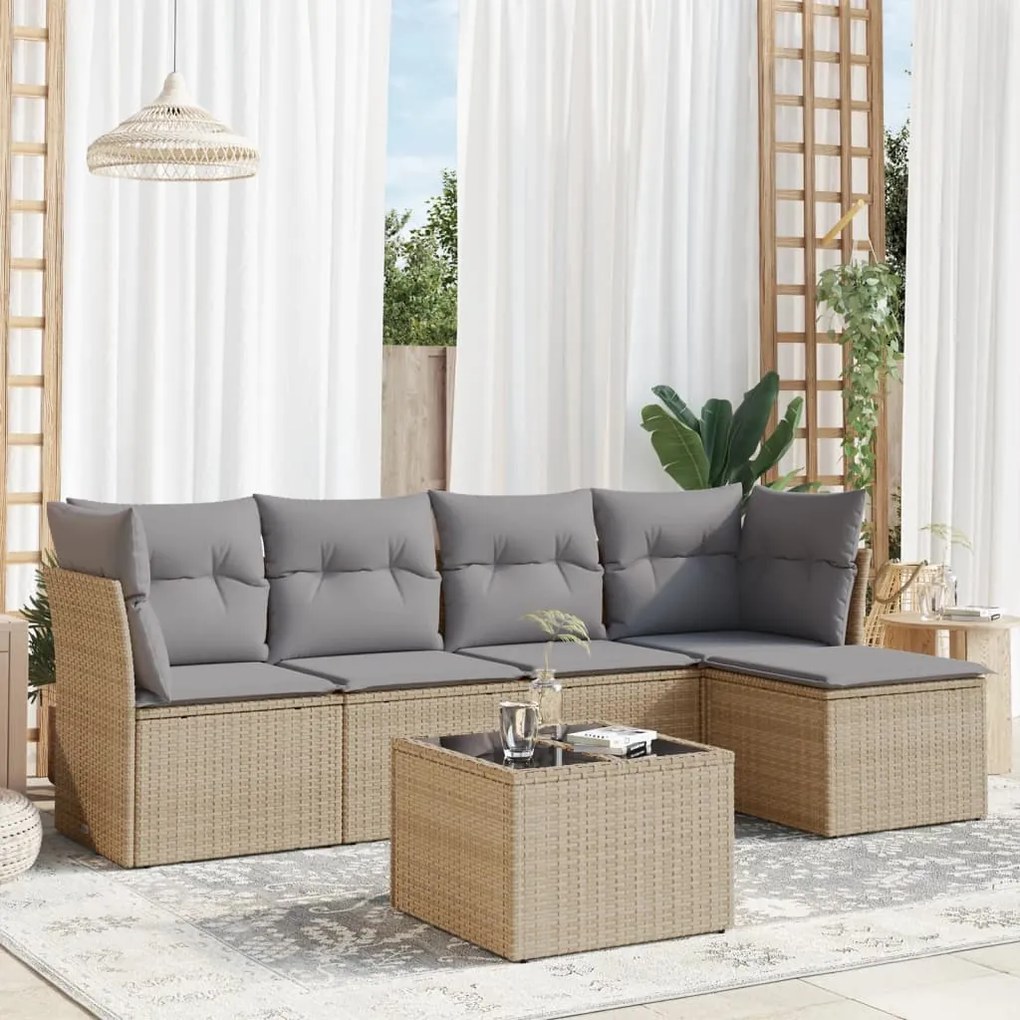 6 pcs conjunto de sofás p/ jardim com almofadões vime PE bege