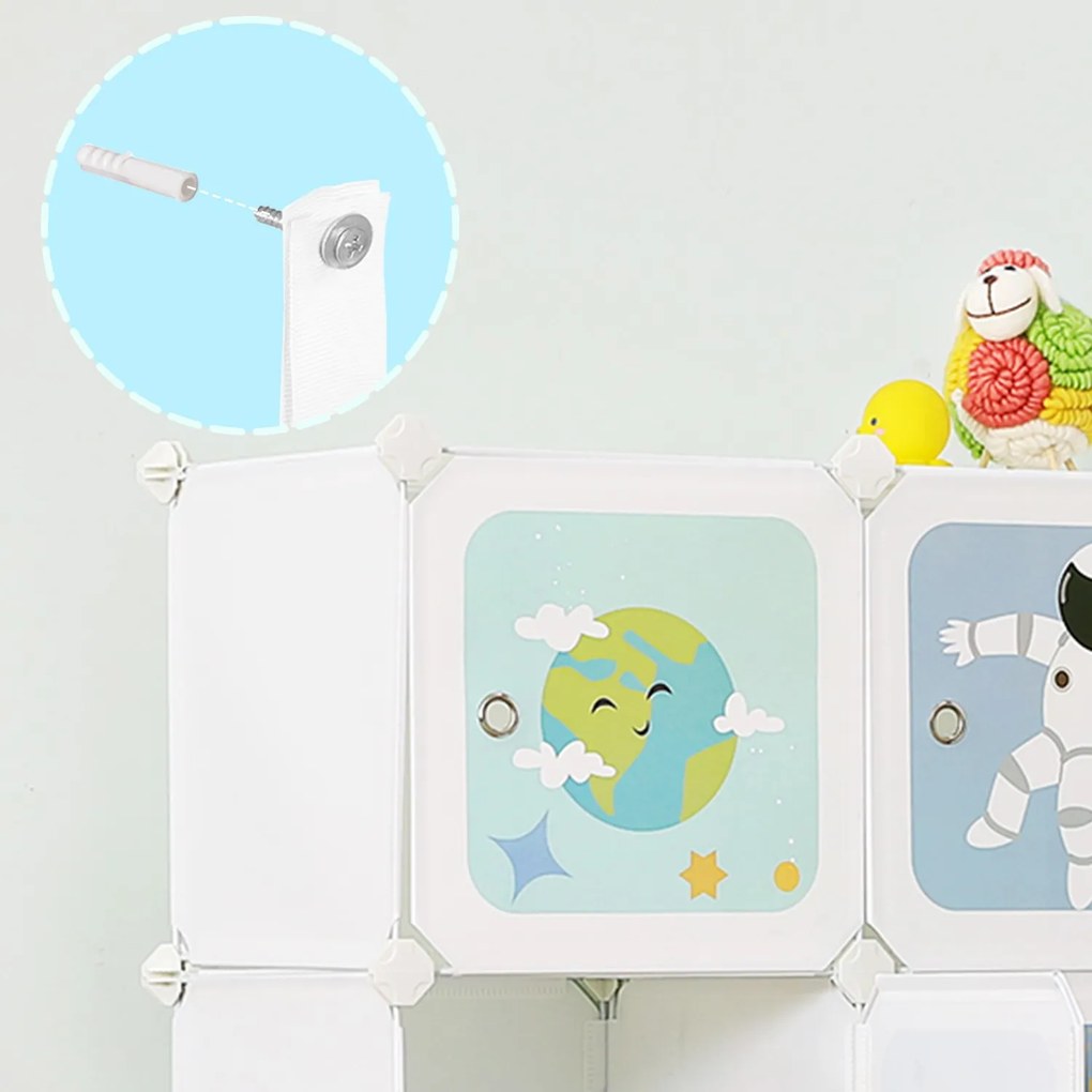Armário de arrumação para crianças com 15 cubos com portas 31 x 153 x 153 cm branco leitoso, padrão colorido (motivo espacial)
