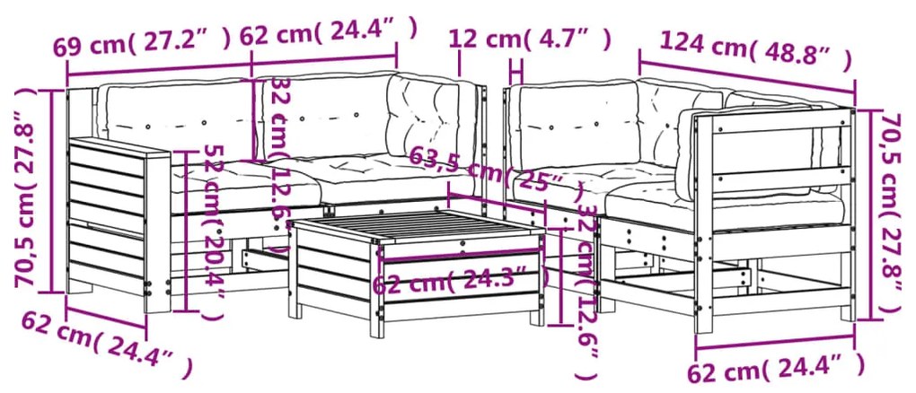 5 pcs conj. lounge jardim com almofadões madeira douglas maciça