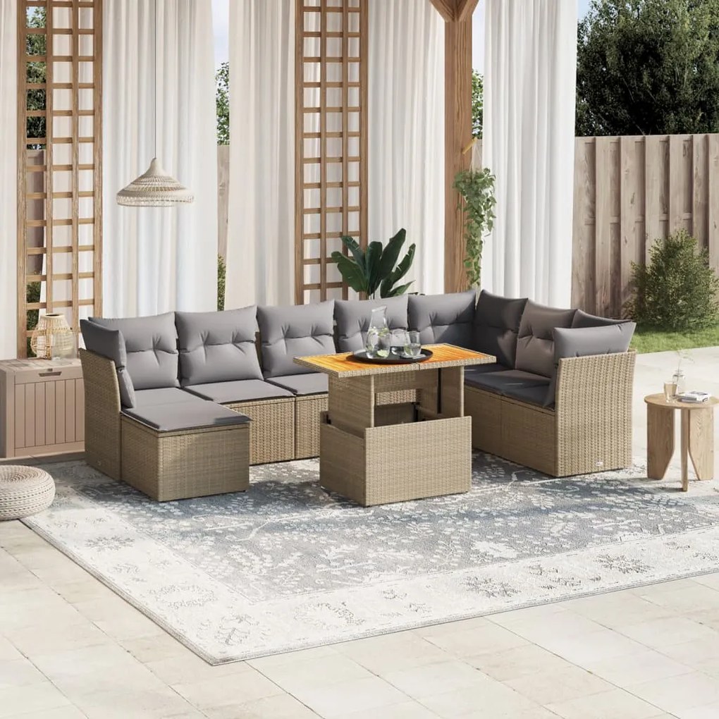 9 pcs conjunto de sofás p/ jardim com almofadões vime PE bege