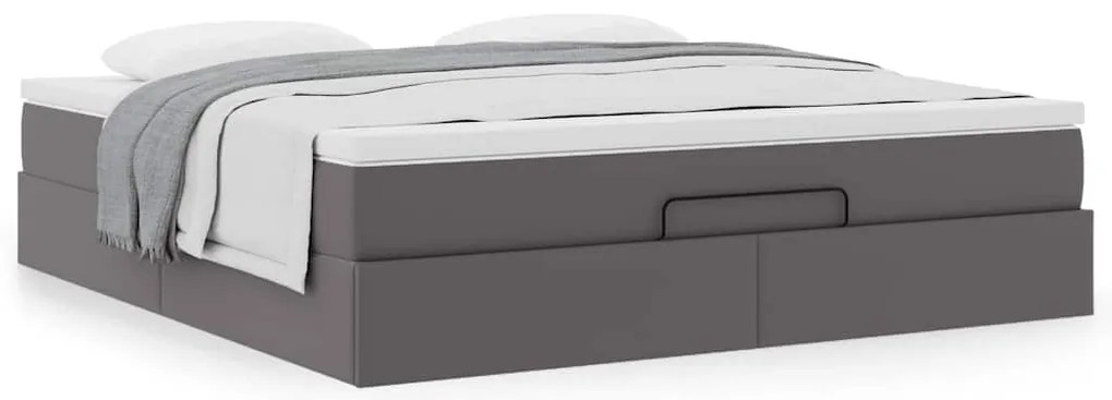 Estrutura de cama otomana com colchão cinza couro falso