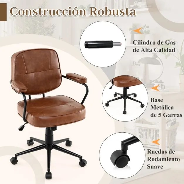 Cadeira de escritório ergonómica estilo meados do século com braços acolchoados, giratória e ajustável em altura com rodas castanho