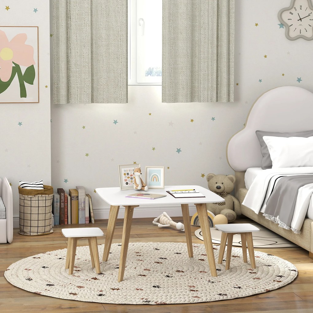 Conjunto de 1 mesa e 2 cadeiras para crianças, mobiliário versátil para o quarto ou sala de jogos, 3-8 anos branco
