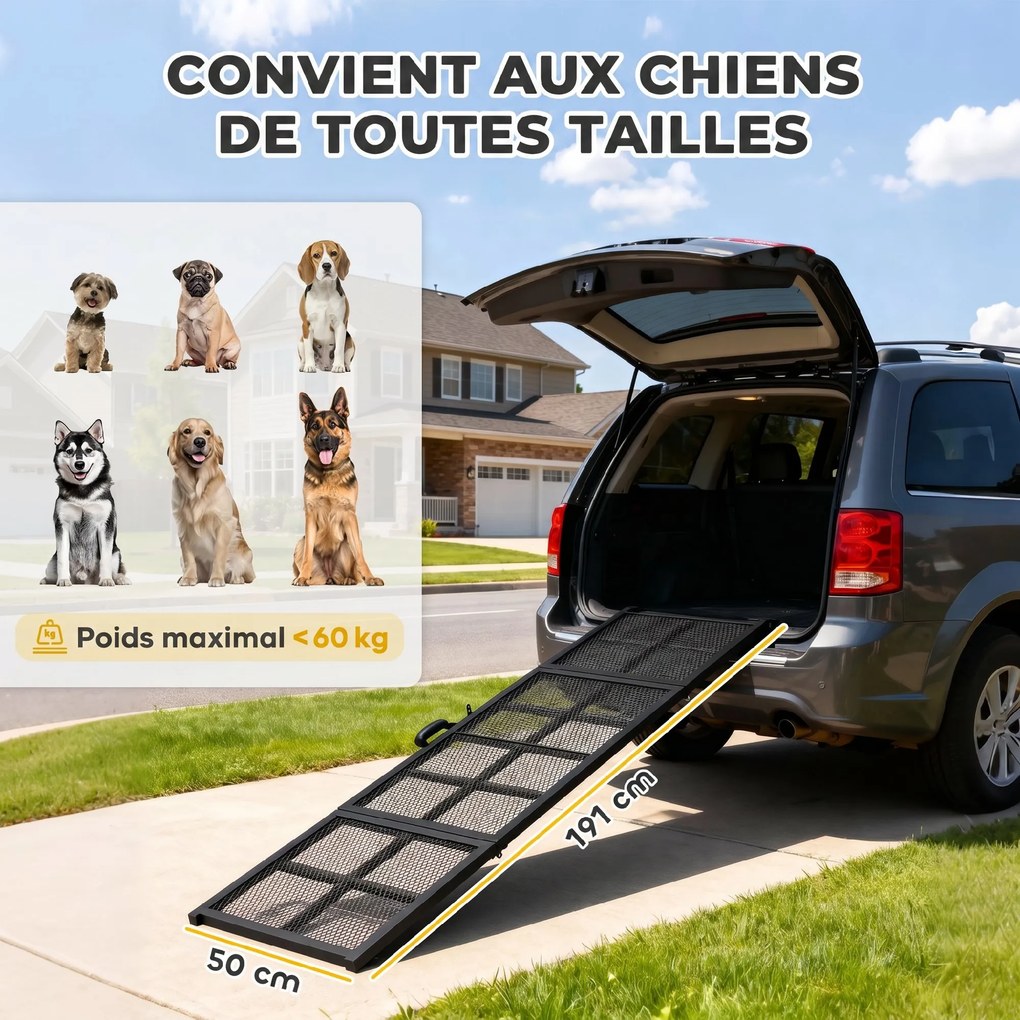 Rampa dobrável para cães em aço 191 x 50 x 4 cm, escada para cães com superfície antiderrapante, capacidade de 180 kg, preta