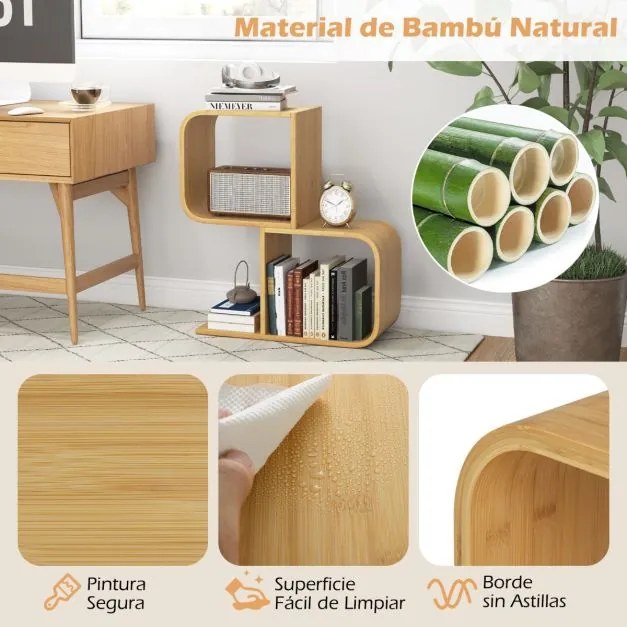 Estante de bambu de 2 níveis em forma de S com 2 cubos abertos geométrica para escritório em casa Natural
