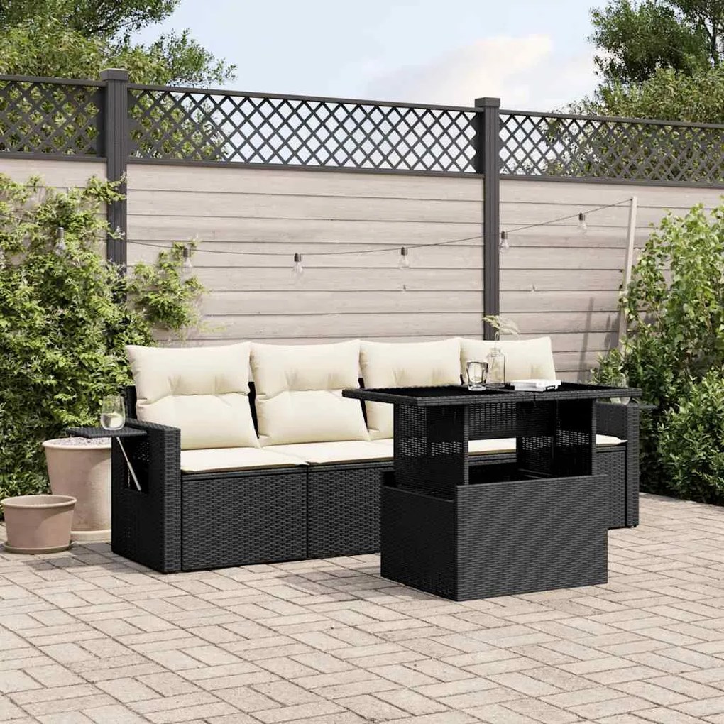 5 pcs conjunto sofás de jardim com almofadões vime PE preto