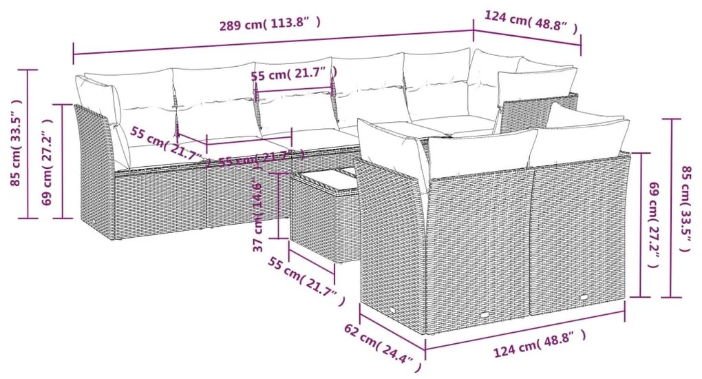 9 pcs conjunto sofás p/ jardim c/ almofadões vime PE castanho