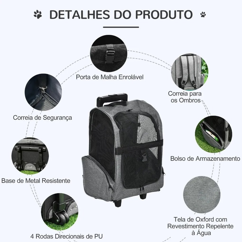 Transportadora Carrinho para Animais de Estimação 2 em 1 Mochila de Viagem com 2 Rodas para Cães Gatos com Alça Retrátil de Alumínio e Bolso de Armaze