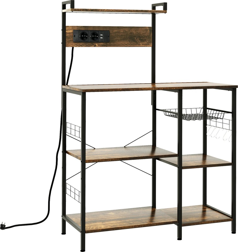 Estante de Cozinha com Ficha 2 Carregadores Prateleira Ajustável USB 5 Gancho em S e Cesta Amovível 90x42x130 cm Castanho Rústico