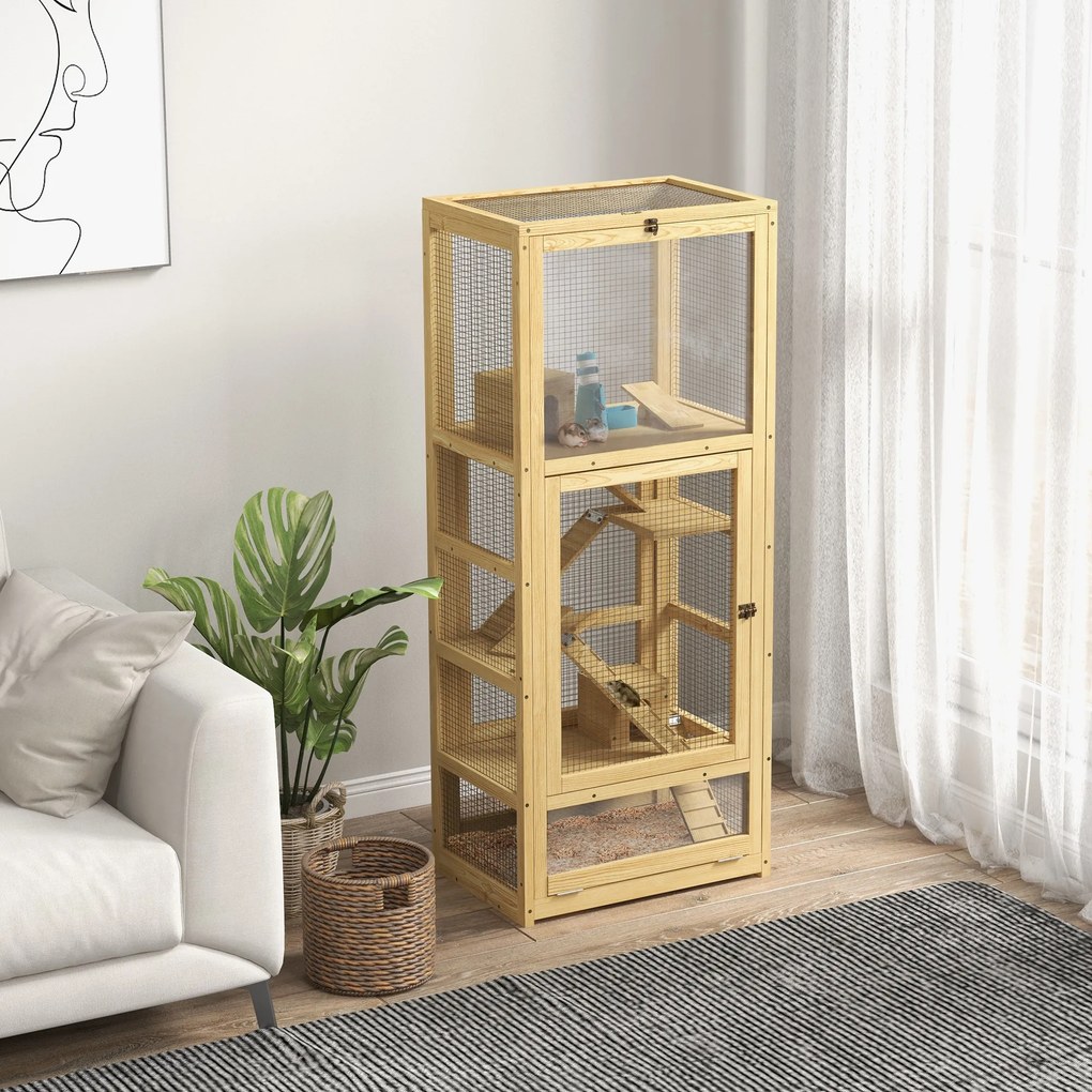Gaiola para hamsters ou pequenos animais em madeira, com 5 níveis, escada, casinha e Baloiço, 54 x 38 x 131 cm, natural