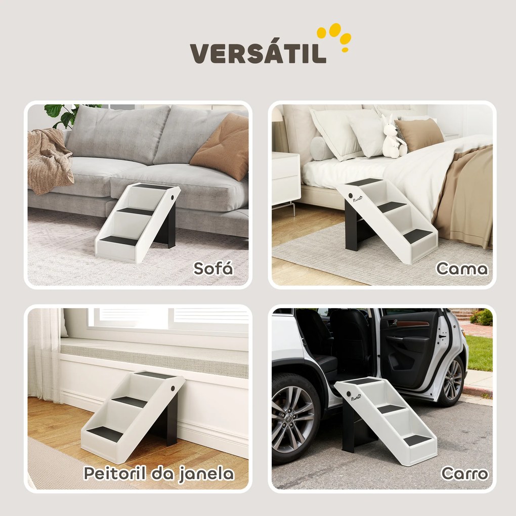Escada Dobrável para Cães de 3 Degraus para Animais Mais Velhos para Cama Sofá 53x30,5x36,5 cm Creme