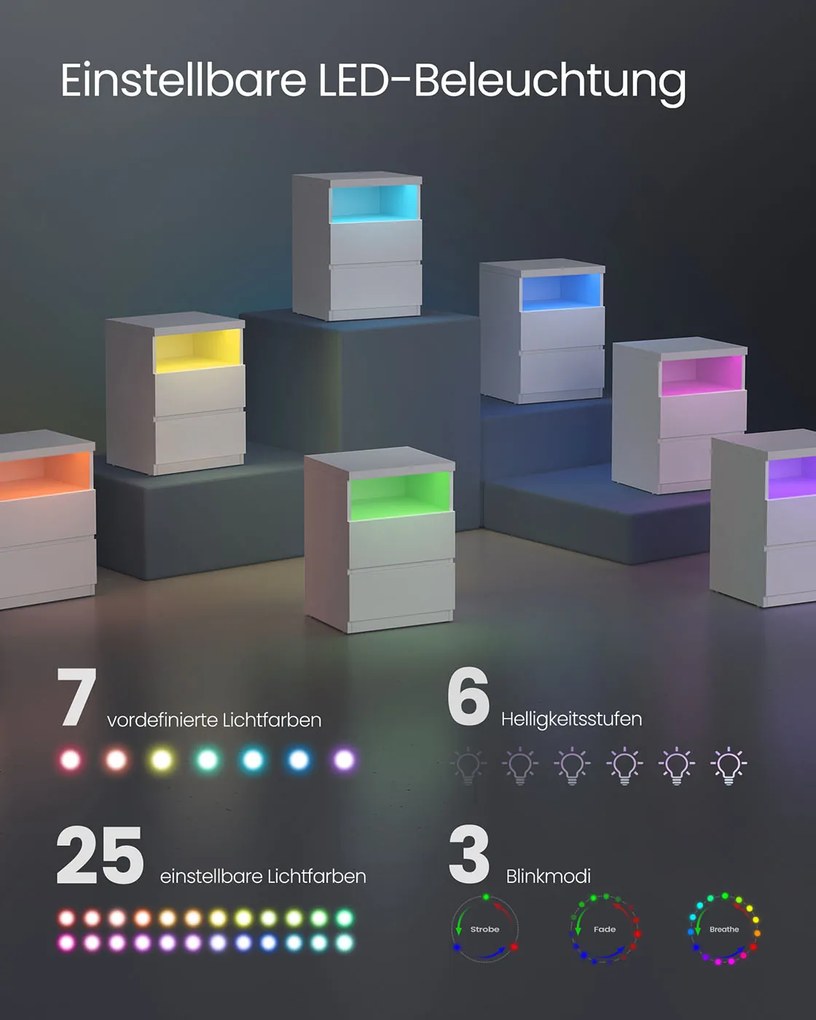 Mesa de cabeceira com iluminação LED regulável 35 x 40 x 55 cm branca