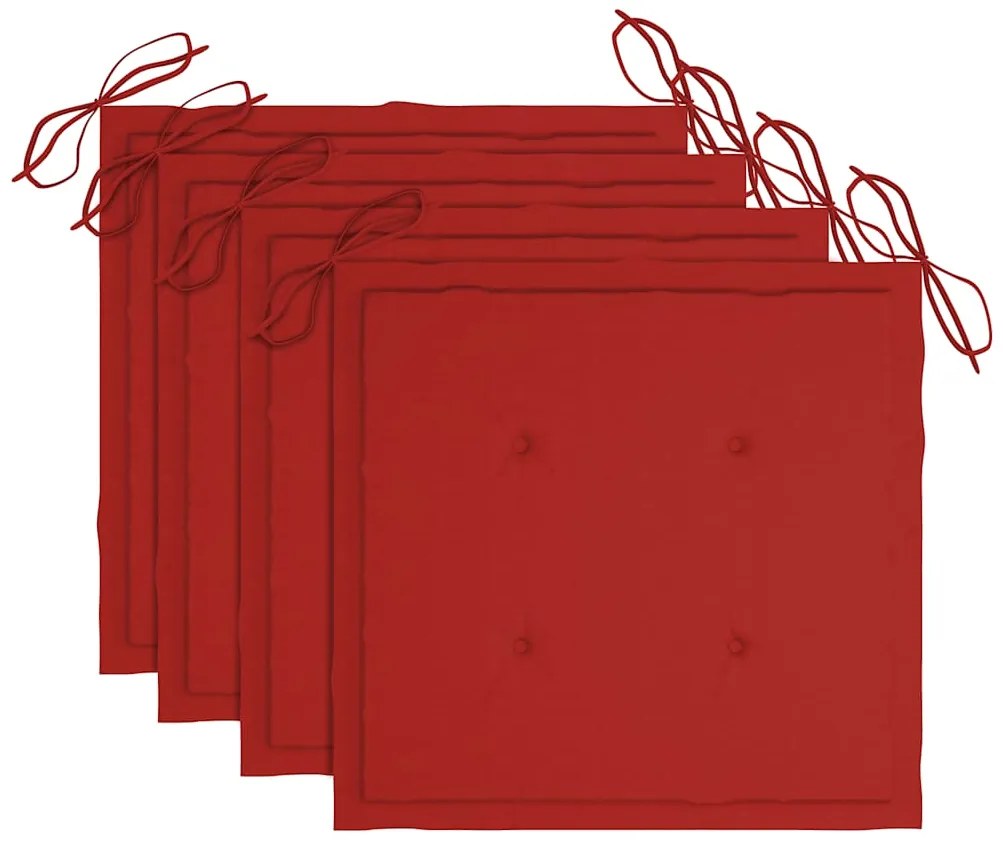 Cadeiras de jardim c/ almofadões vermelhos 4 pcs teca maciça