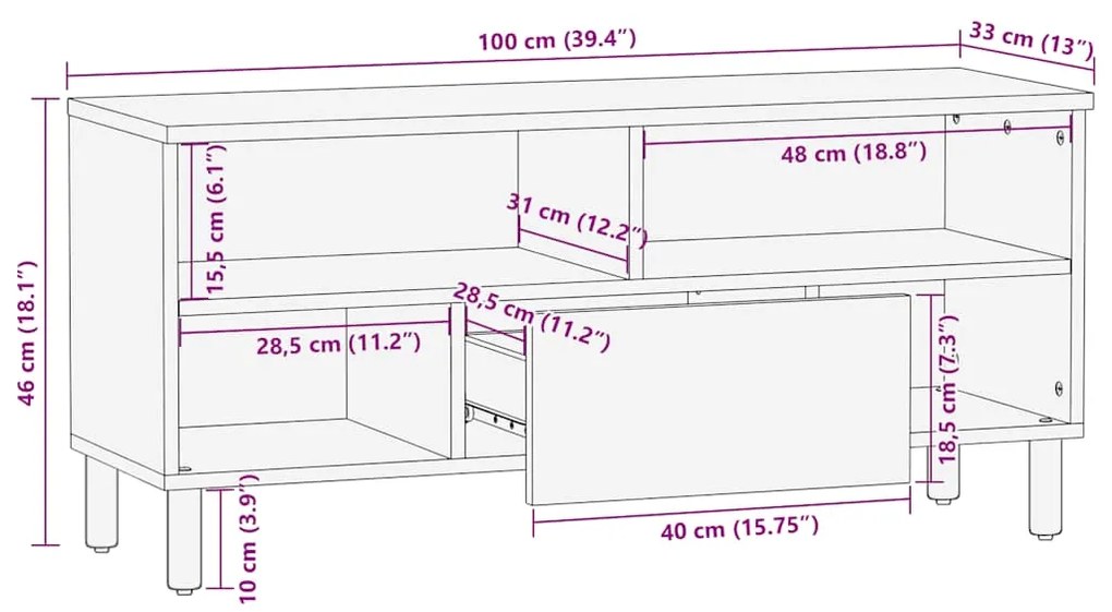 Móvel de TV 100x33x46 cm madeira de mangueira maciça castanho
