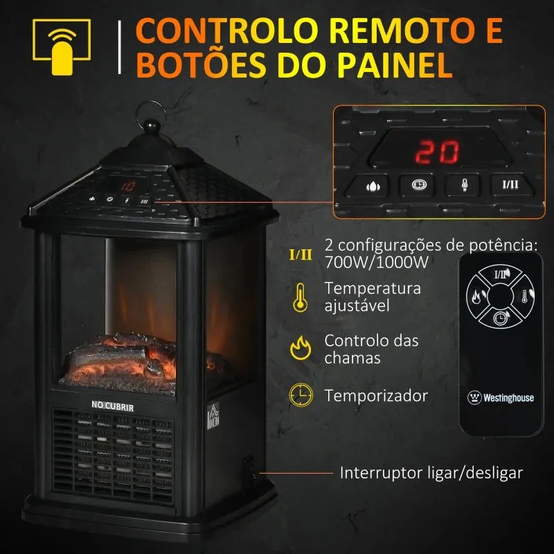 Mini-Lareira Elétrica 700W/1000W com Chama Realista