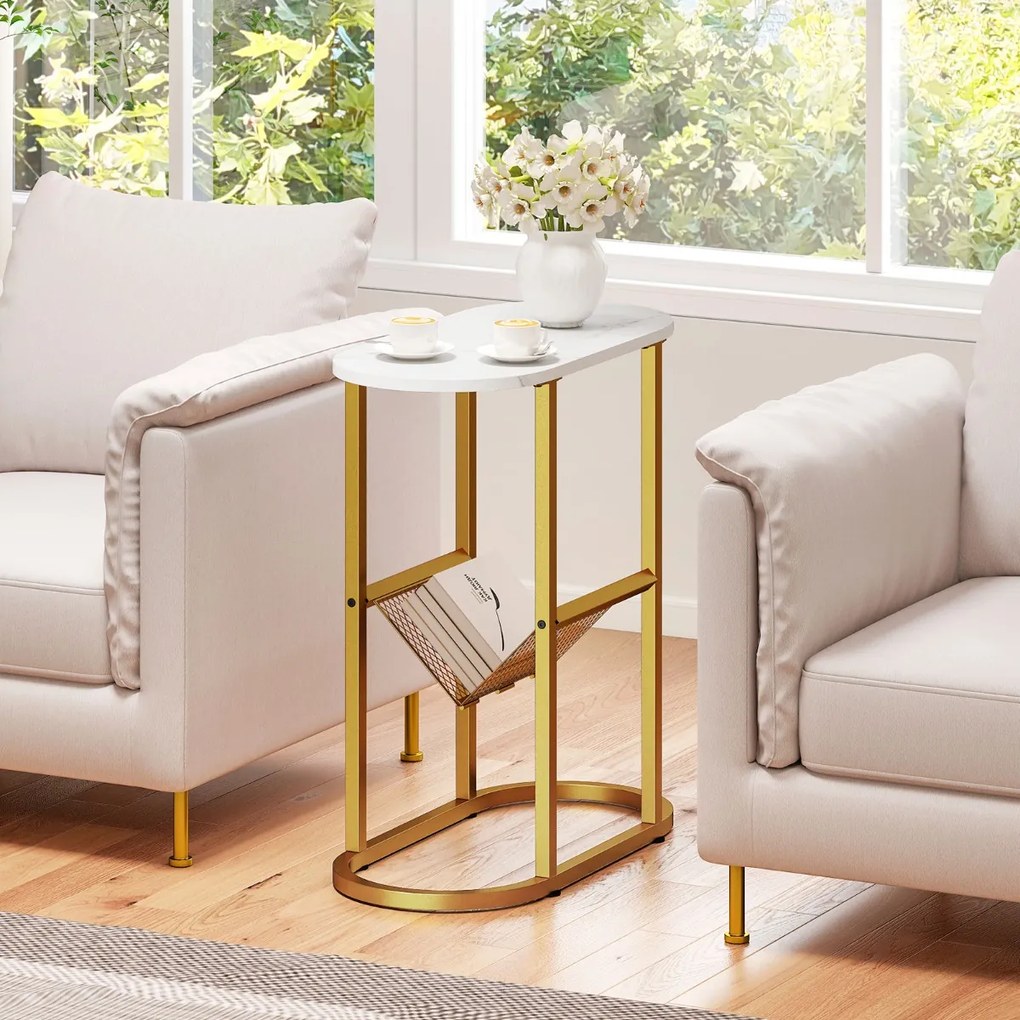 Mesa apoio, mesa de cabeçeira Estreita 60 x 28,5 x 64 cm com Tampo de Imitação Mármore e Suporte para Revistas Estrutura Metálica Dourada e Branco