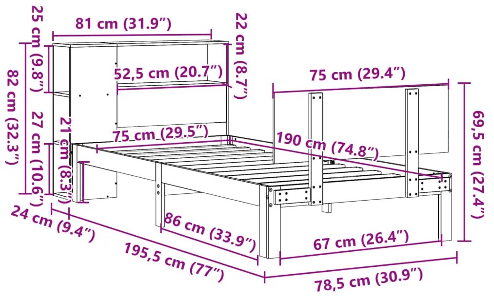 Cama com estante sem colchão 75x190 cm pinho maciço
