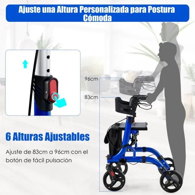Andarilho idosos de rodas dobrável 2 em 1 com assento em liga de alumínio Pegas ajustáveis Sistema de travão duplo Azul
