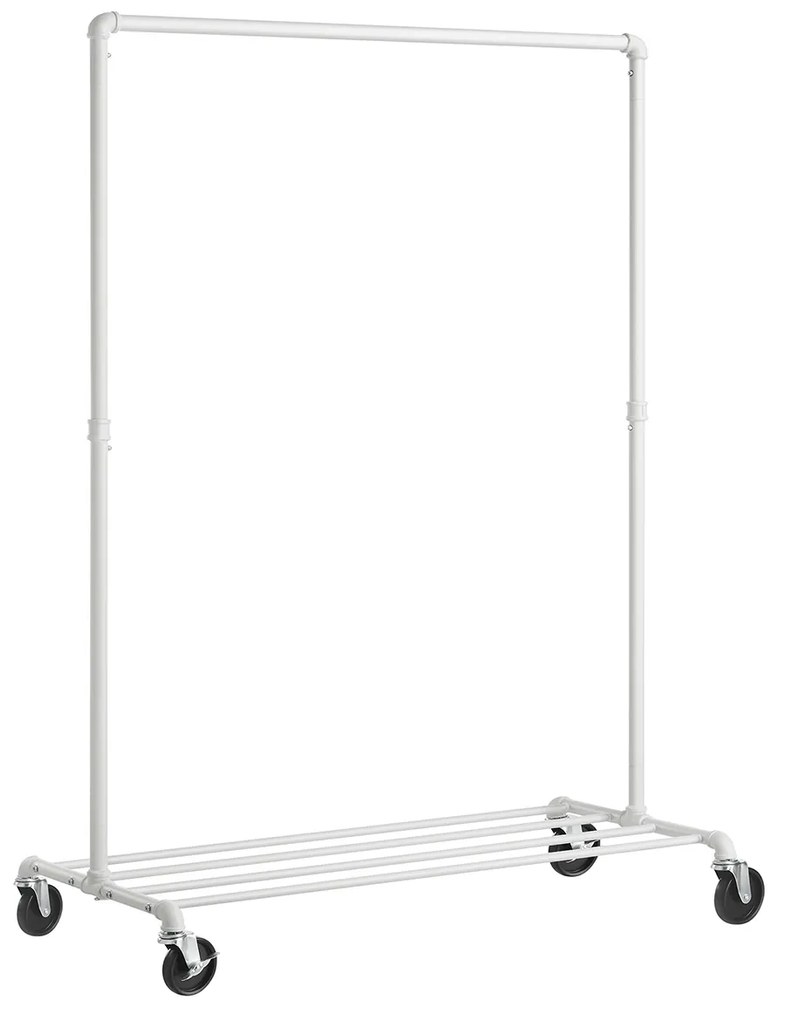 Cabideiro SONGMICS, Cabideiro com Rodas, Cabideiro Resistente, Suporta 90 kg, Design Industrial, Cabideiro com 1 Varão e Prateleira, para Quarto e Lavanderia, Branco HSR061W01