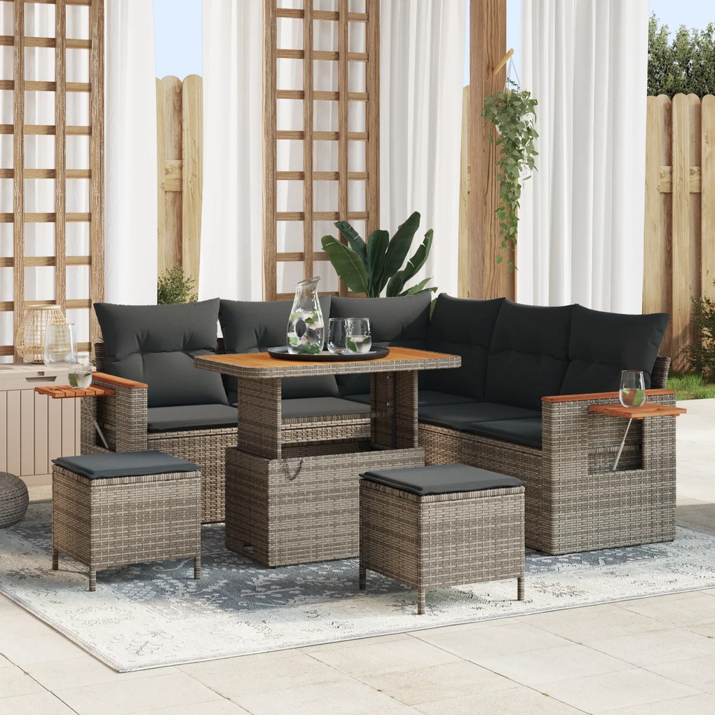 Conjunto de Sofá de Jardim vidaXL 8 Peças com Almofadas Cinza Rattan Acácia