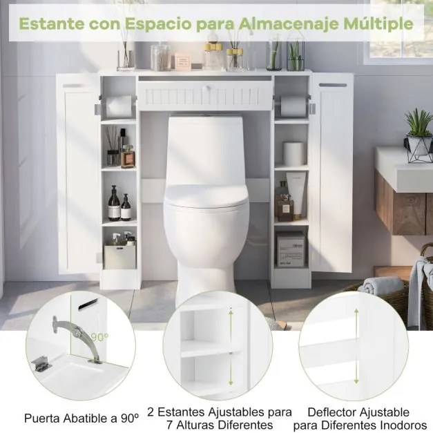 Estante de casa de banho com prateleiras ajustáveis e suporte para papel higiénico Porta articulada 89 x 19,5 x 99 cm Branco