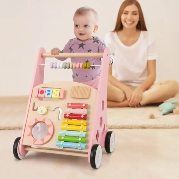 Andarilho de Bebé em Madeira Brinquedo Educativo de Atividade em Madeira com Rodas de Borracha Aprender a Andar para Bebés Rosa