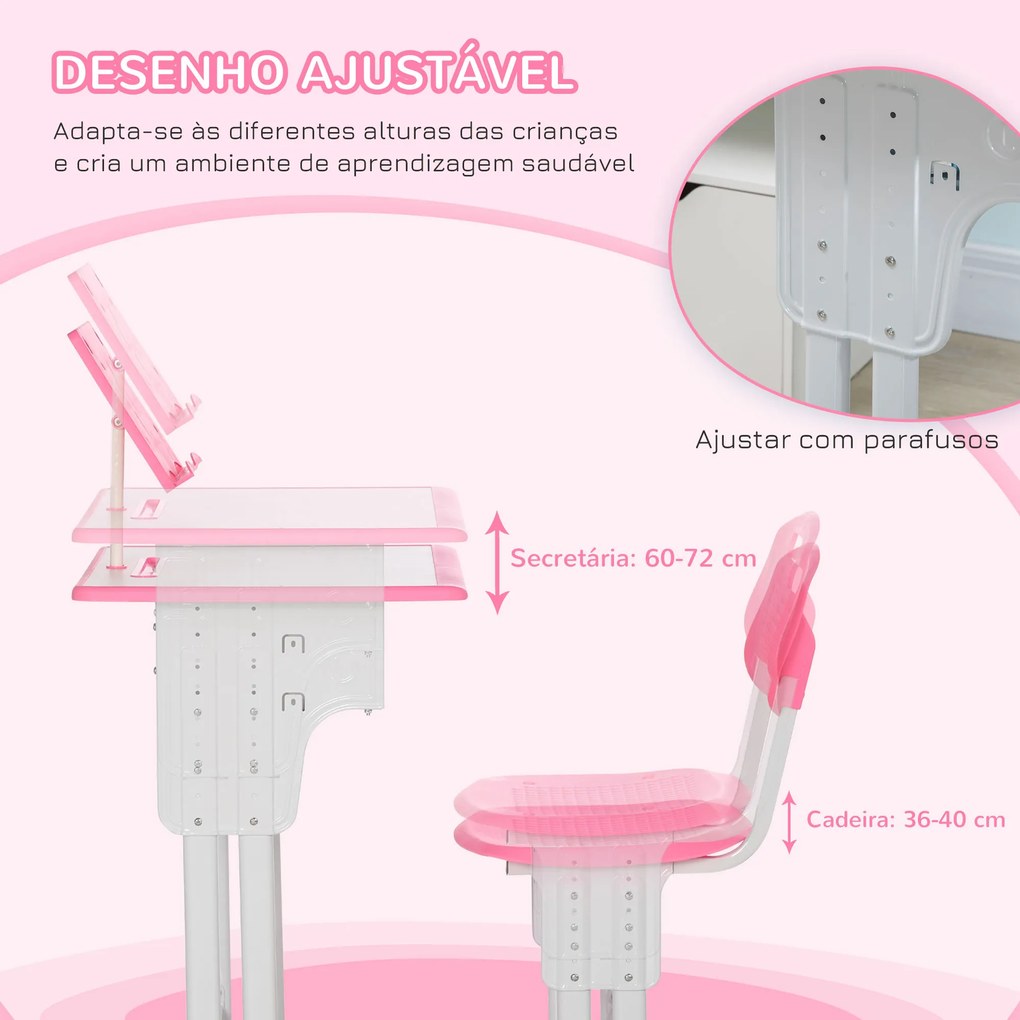 HOMCOM Conjunto de Secretária e Cadeira para Crianças de 6-12 Anos Secretária Infantil com Altura Ajustável 1 Gaveta 1 Suporte para Lápis e 1 Prateleira para Livros 60x45x90-120 cm Rosa