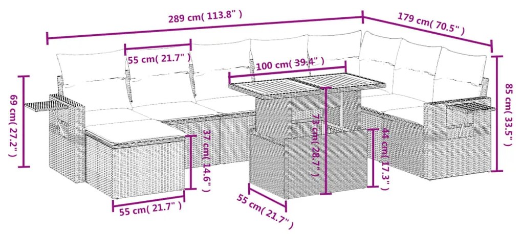 9 pcs conjunto sofás p/ jardim com almofadões vime PE cinzento