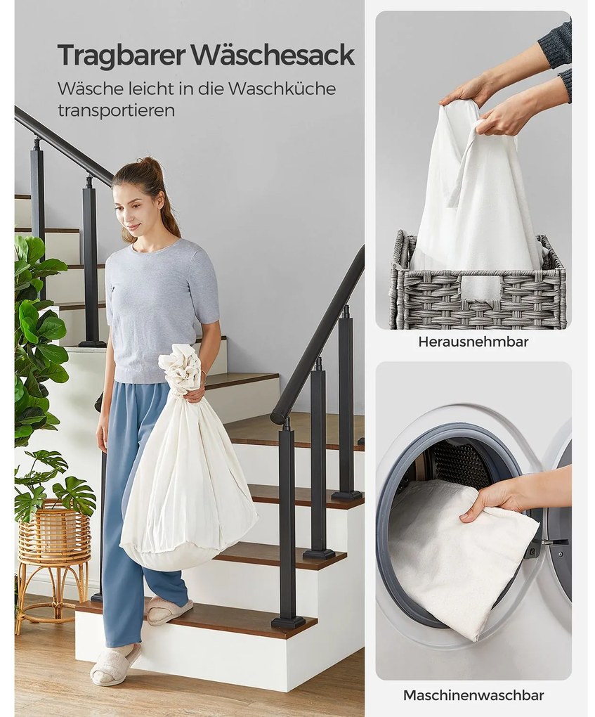 Cesto para roupa suja dobrável com 3 compartimentos e bolso lateral 70 x 36 x 66 cm Cinzento