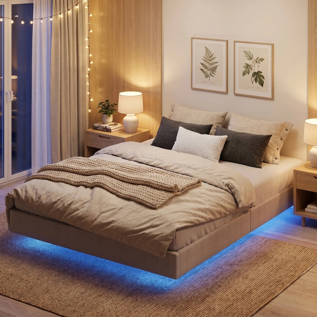 Estrutura Cama de Casal Flutuante, 201 x 162 x 27 cm (COLCHÃO NÃO INCLUIDO), Iluminação LED RGB Inteligente, Bege