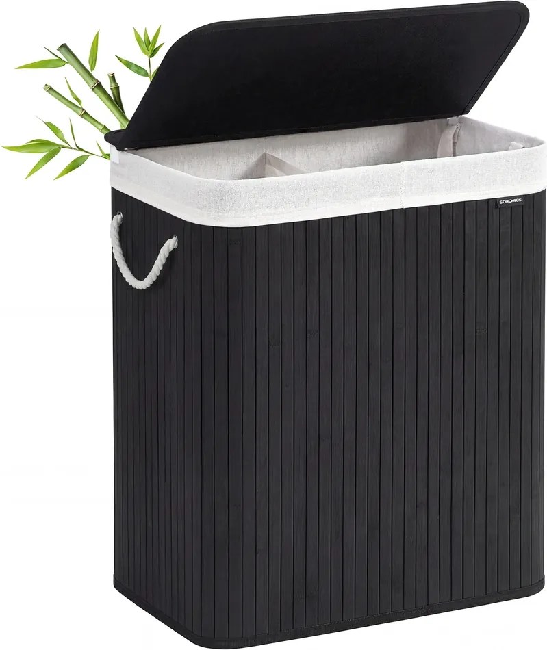Cesto da roupa suja com 2 compartimentos, 100 L, com tampa, saco de bambu preto