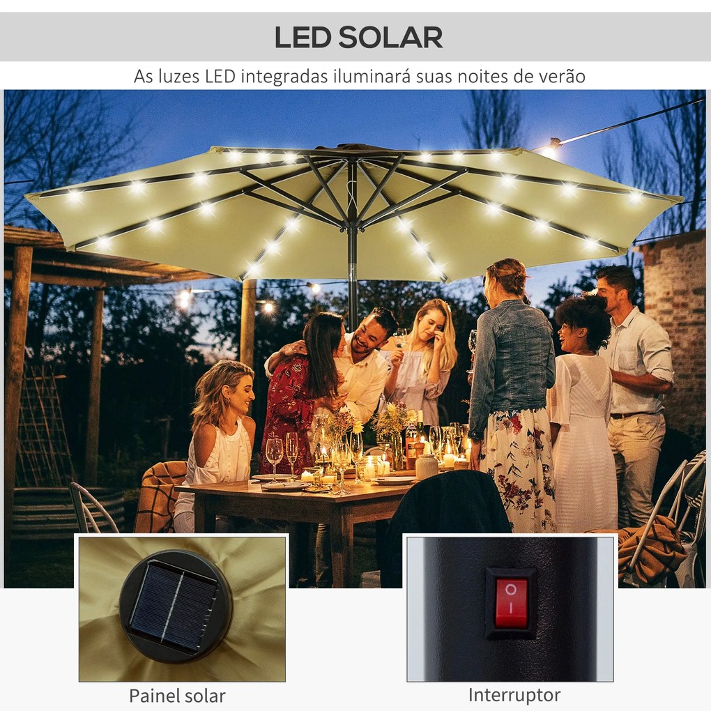 Chapéu de Sol de Jardim Ø268x238cm com 24 Luzes LED Solar Mecanismo de