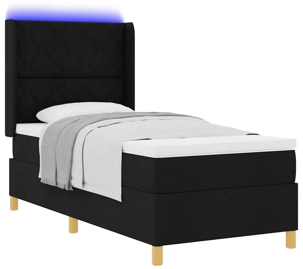 Cama Box Spring com Colchão e LED Preta 100x200 cm Tecido