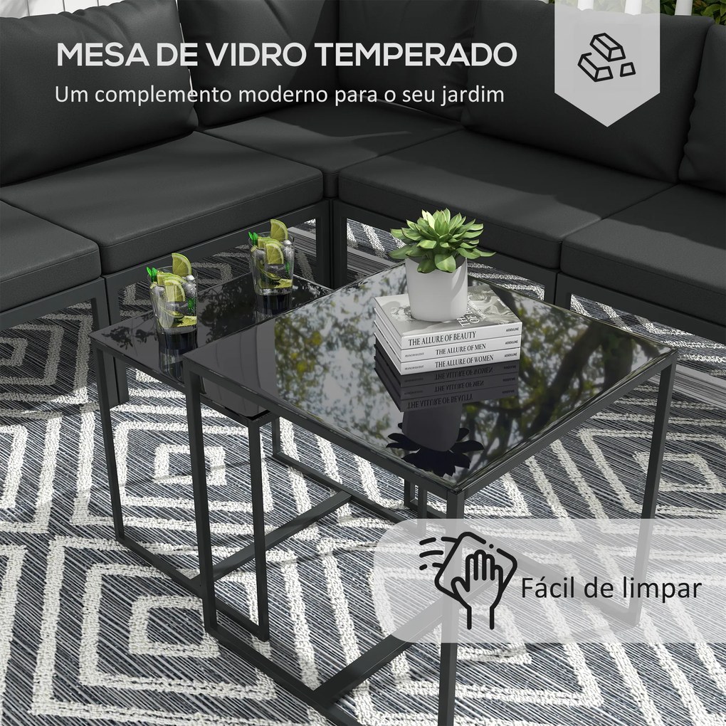 Conjunto de Móveis de Jardim 7 Peças Inclui 4 Sofás de Exterior 1 Sofá de Canto e 2 Mesas de Centro para Pátio Cinza